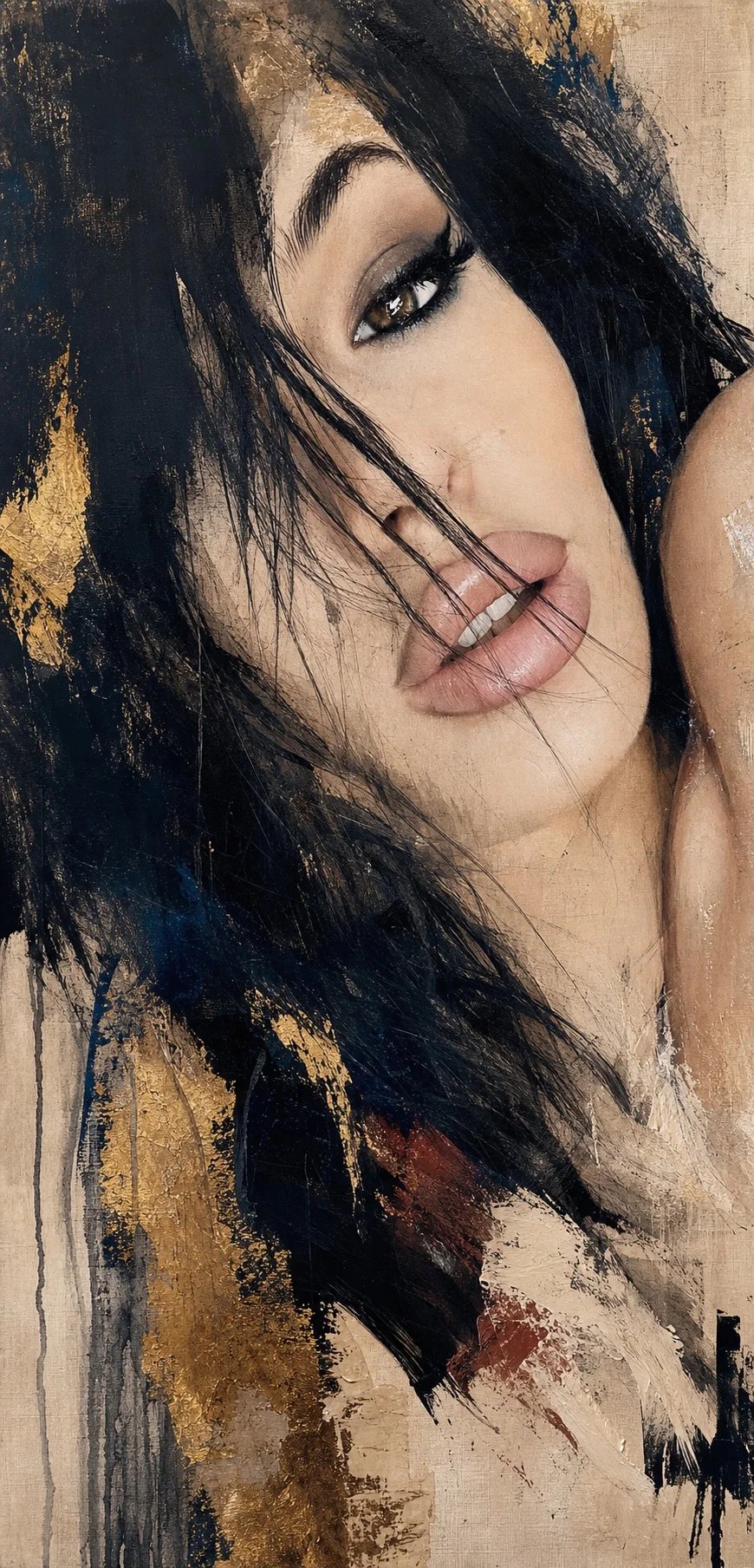 Lana Bajc emerging from expressive black, ivory and gold pigment.