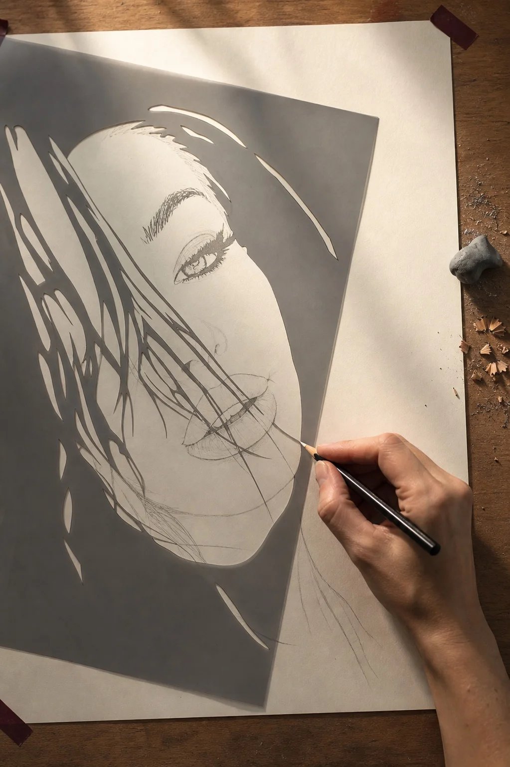 A hand drawing Lana Bajc through a physical stencil on paper.
