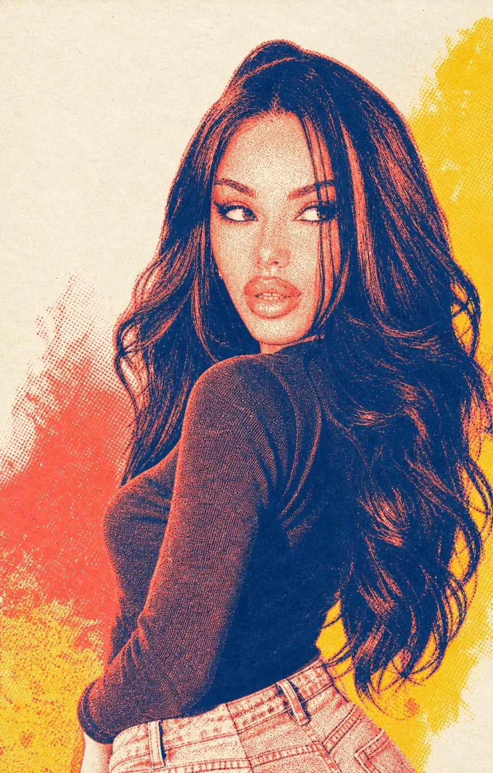 A vivid risograph portrait of Lana Bajc in red, blue and yellow.