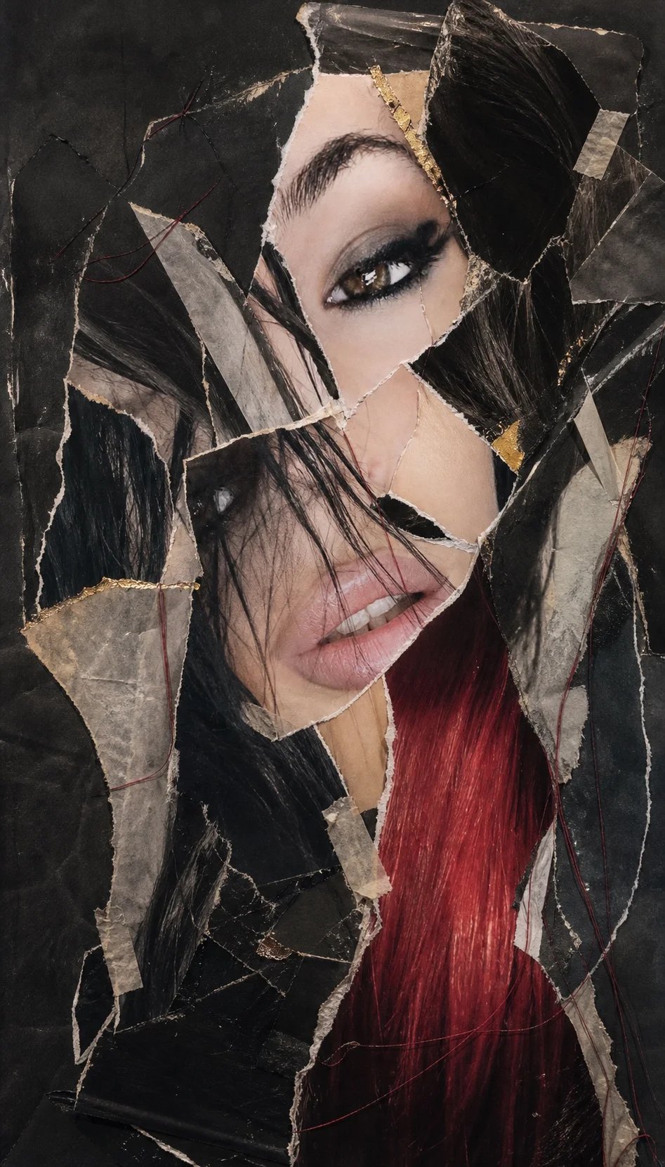 A fractured photographic décollage portrait of Lana Bajc.