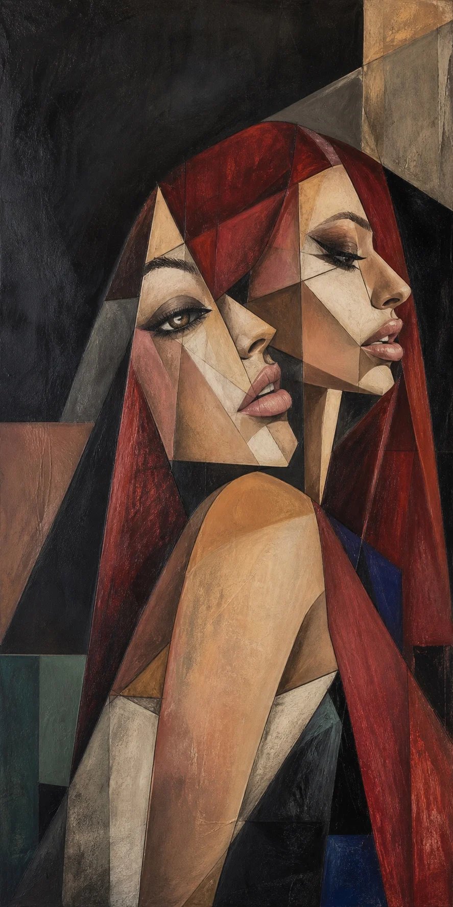 A warm cubist portrait showing multiple views of Lana Bajc.