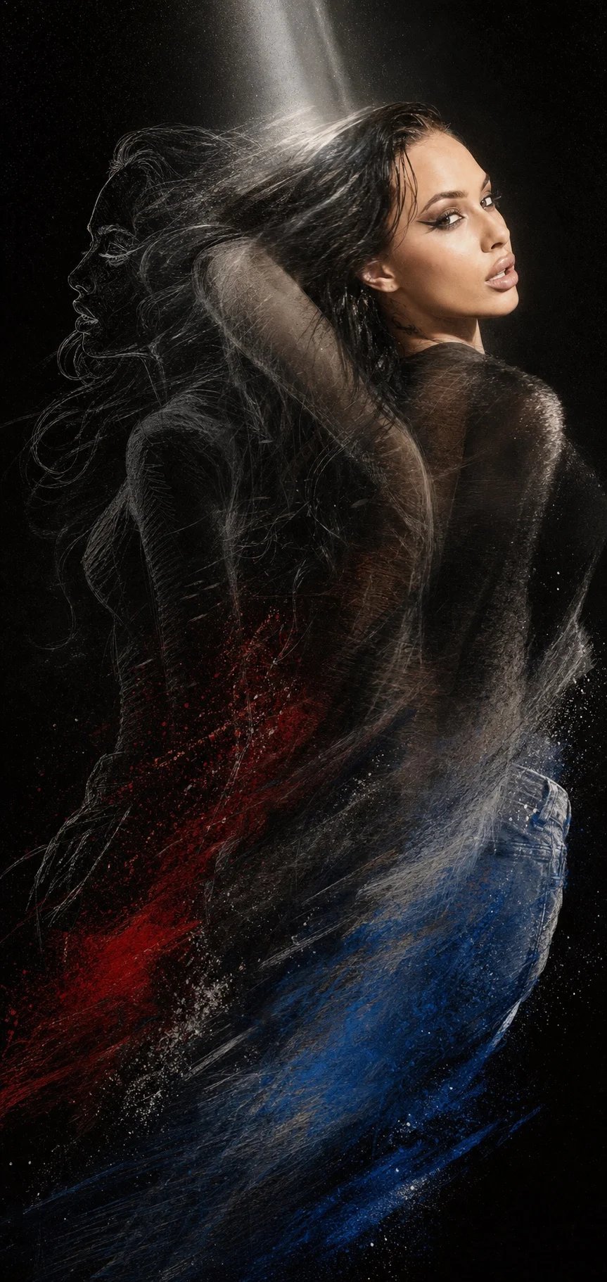 A kinetic motion portrait of Lana Bajc formed from light and movement.