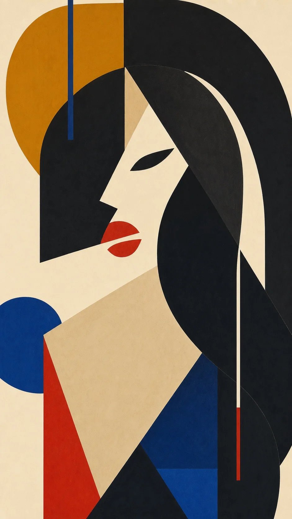 A geometric reduction of Lana Bajc in black, bone, blue and red.