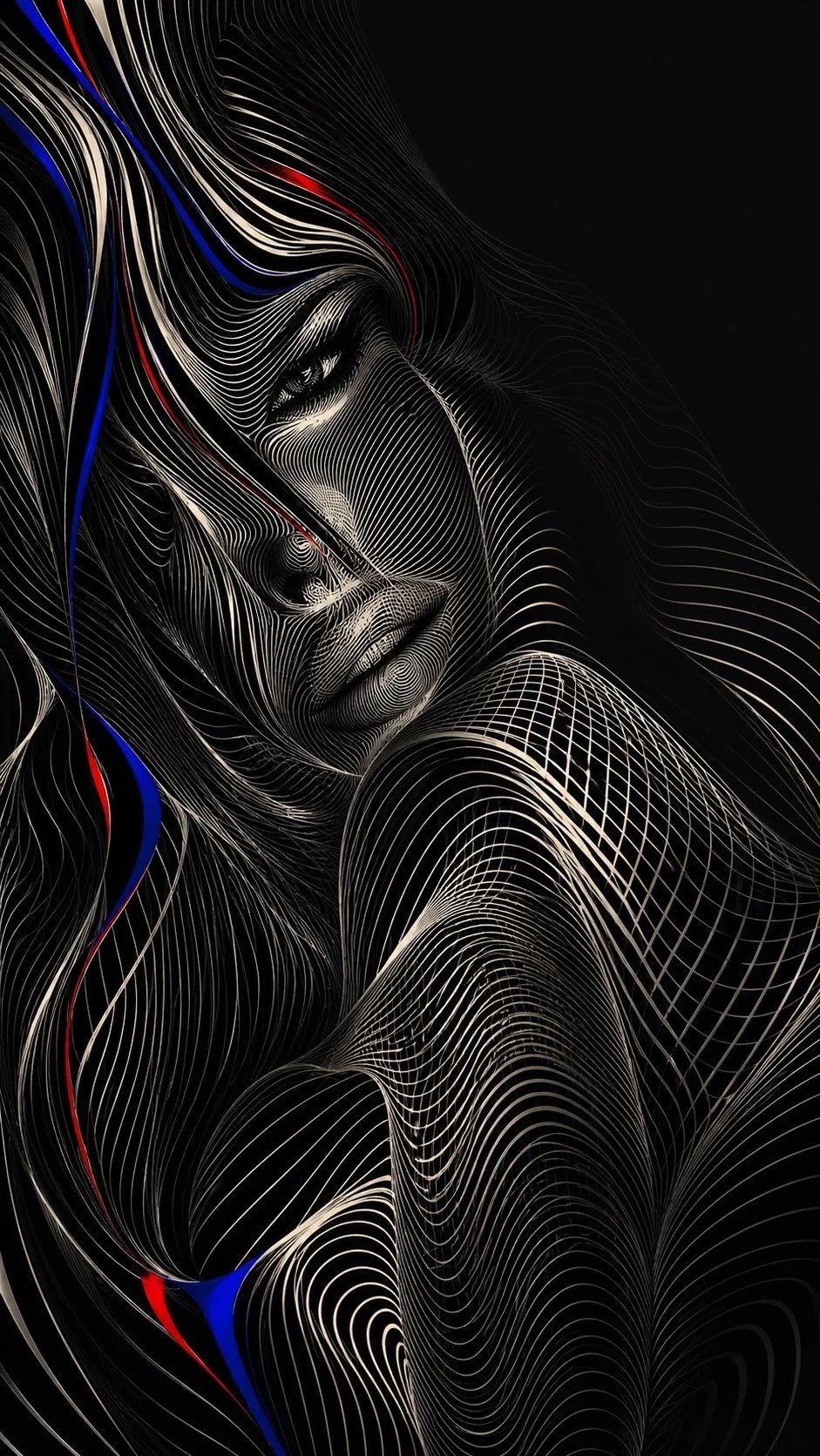 An optical moiré portrait of Lana Bajc formed from flowing lines.