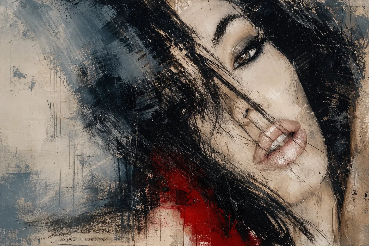Abstract expressionist portrait of Lana Bajc in black, ivory, blue and red.