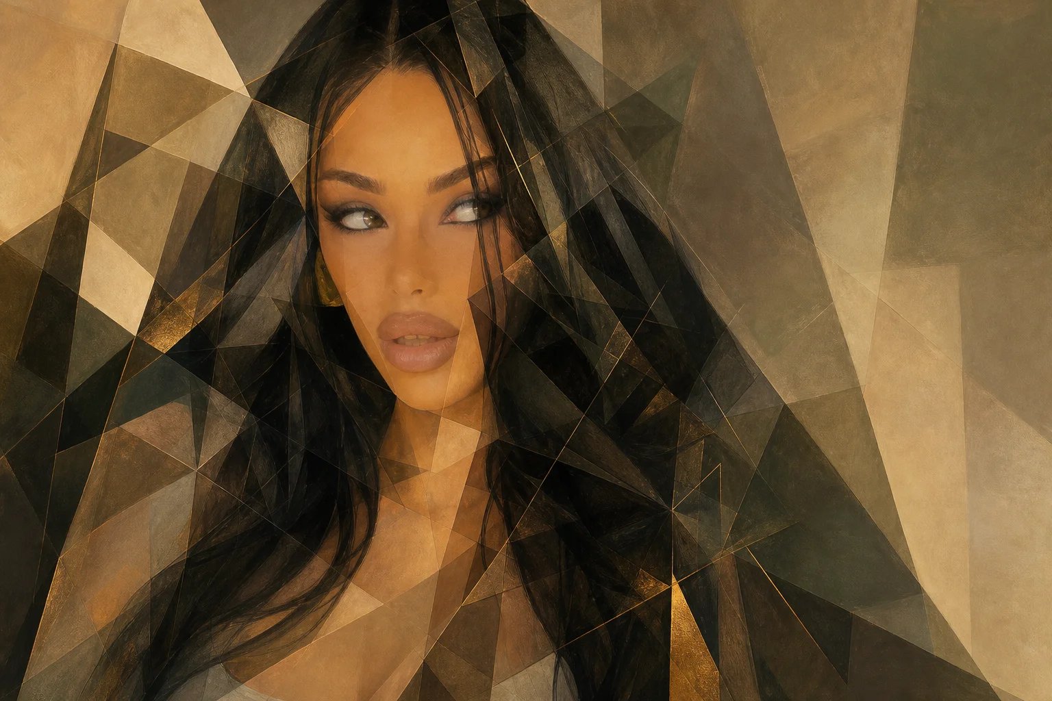 Cubist geometric portrait of Lana Bajc in warm gold and black.