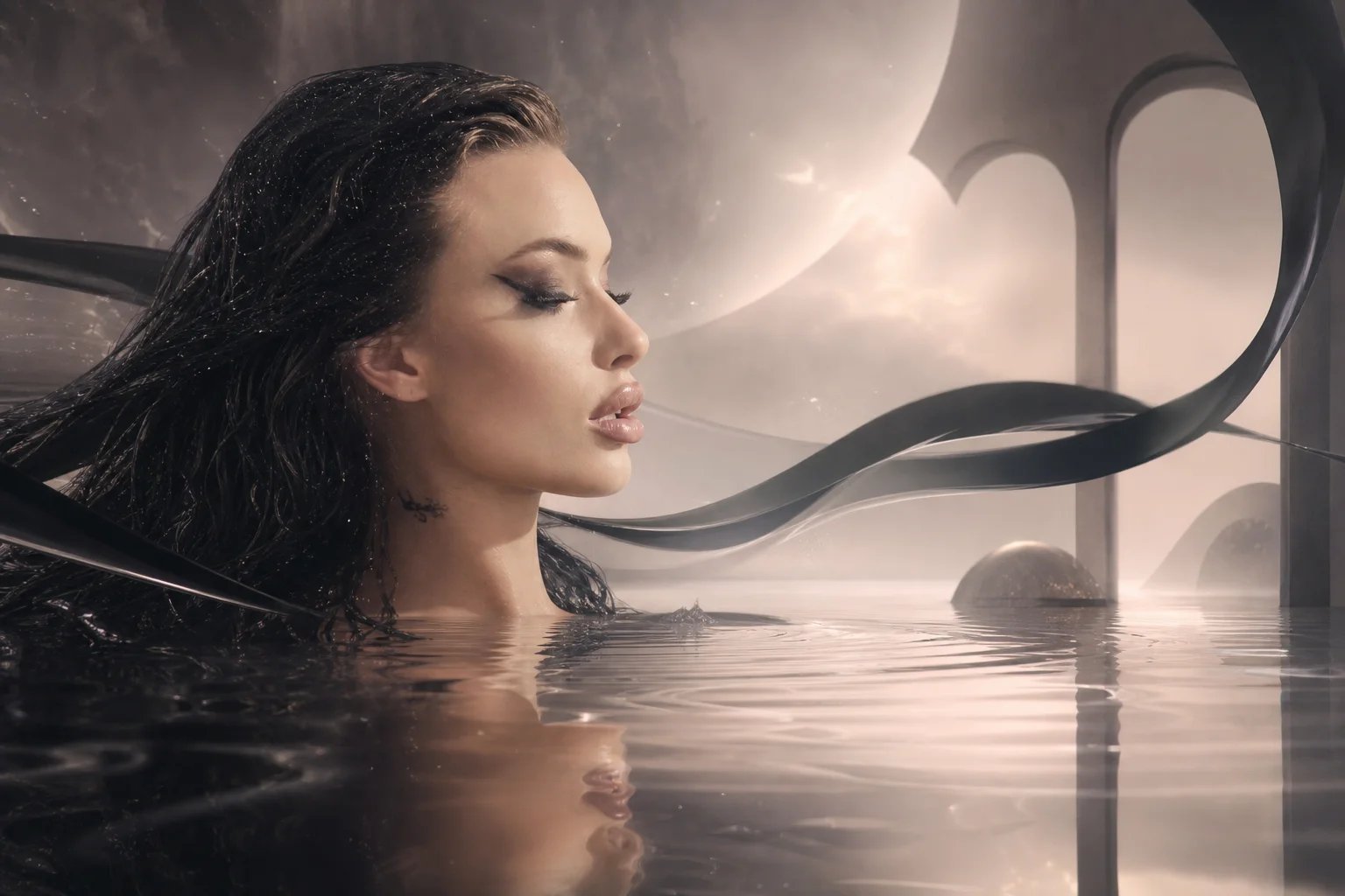 Surreal portrait of Lana Bajc emerging from reflective water and sculptural forms.