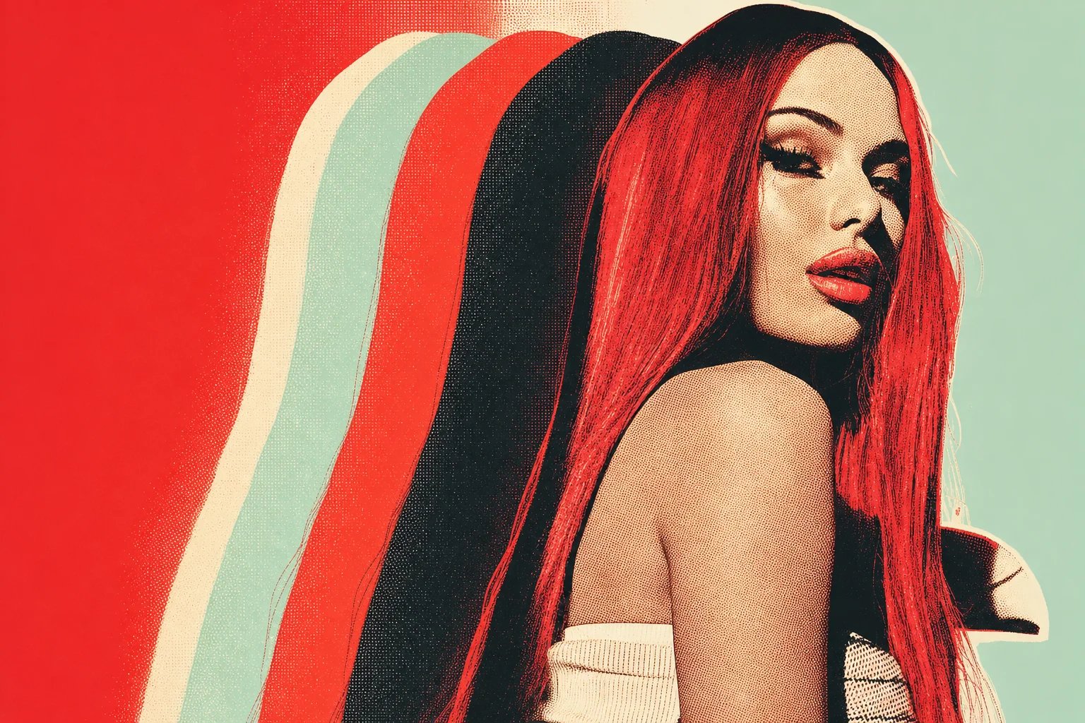 Contemporary pop-art portrait of Lana Bajc with vivid red graphic color.
