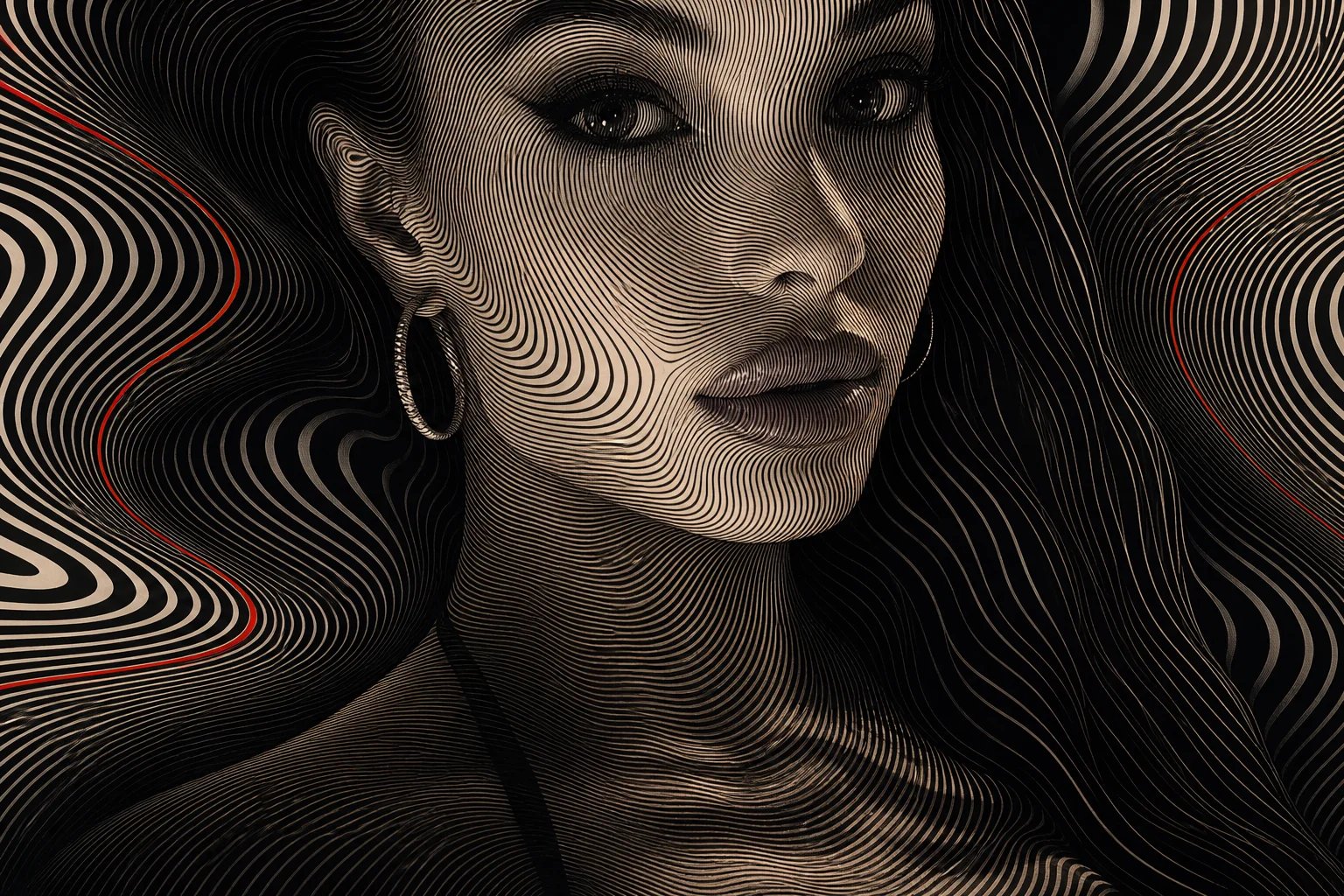 Optical-art portrait of Lana Bajc formed from flowing black and ivory lines.