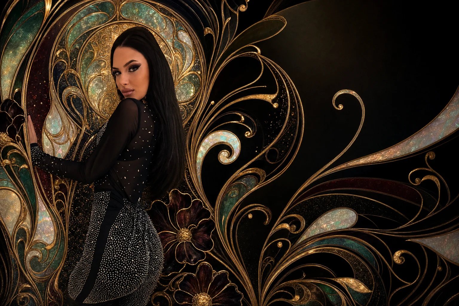 Art Nouveau-inspired portrait of Lana Bajc with gold and jewel-toned ornament.
