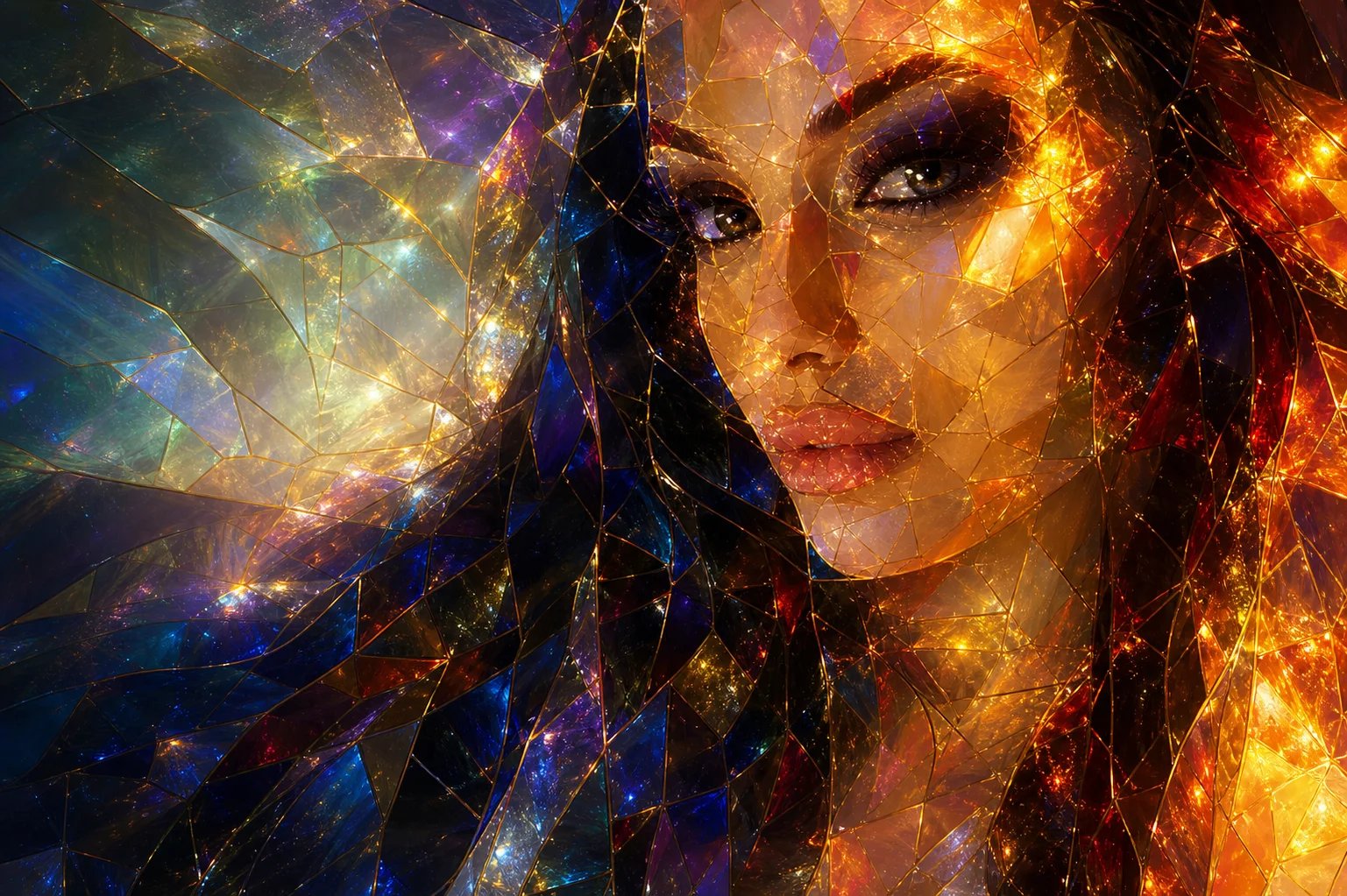 Prismatic glass portrait of Lana Bajc illuminated in jewel colors.