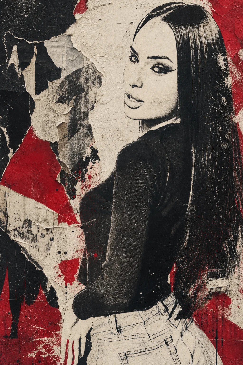 Torn-poster stencil portrait of Lana Bajc in black, ivory and crimson.