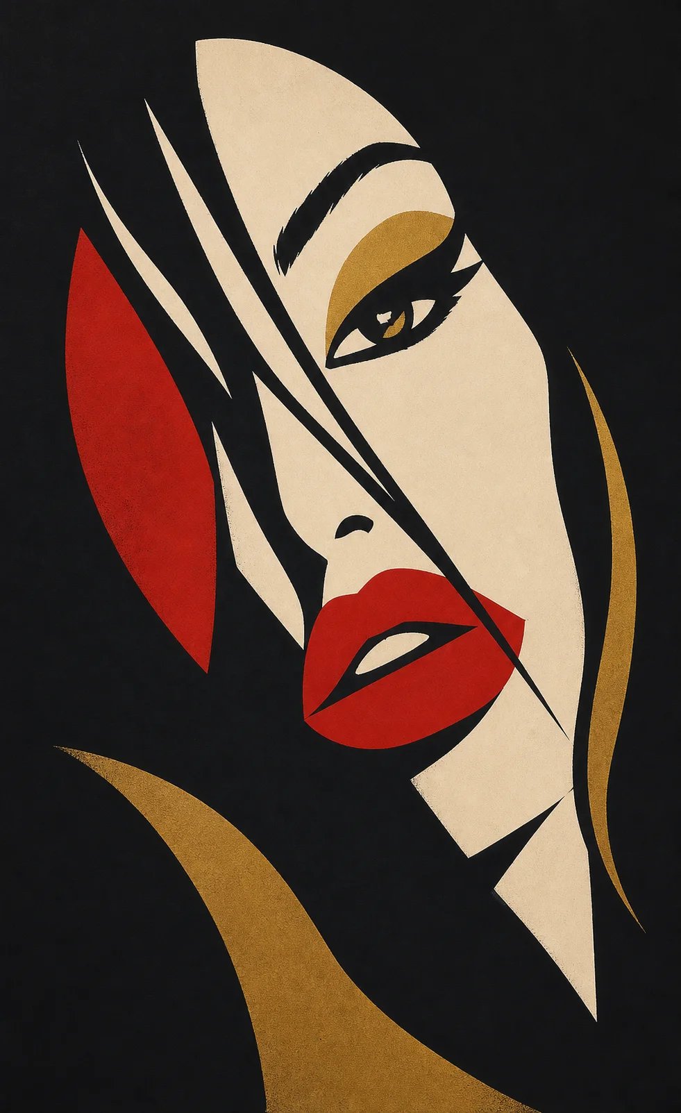Pure cut-stencil portrait of Lana Bajc in black, ivory, red and gold.