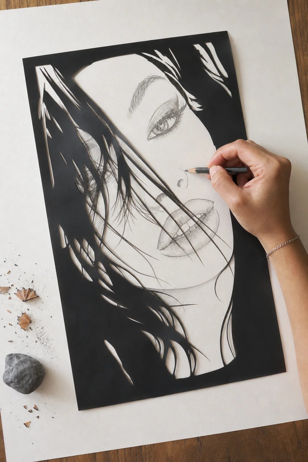 An artist drawing Lana Bajc through a physical portrait stencil with pencil on paper.