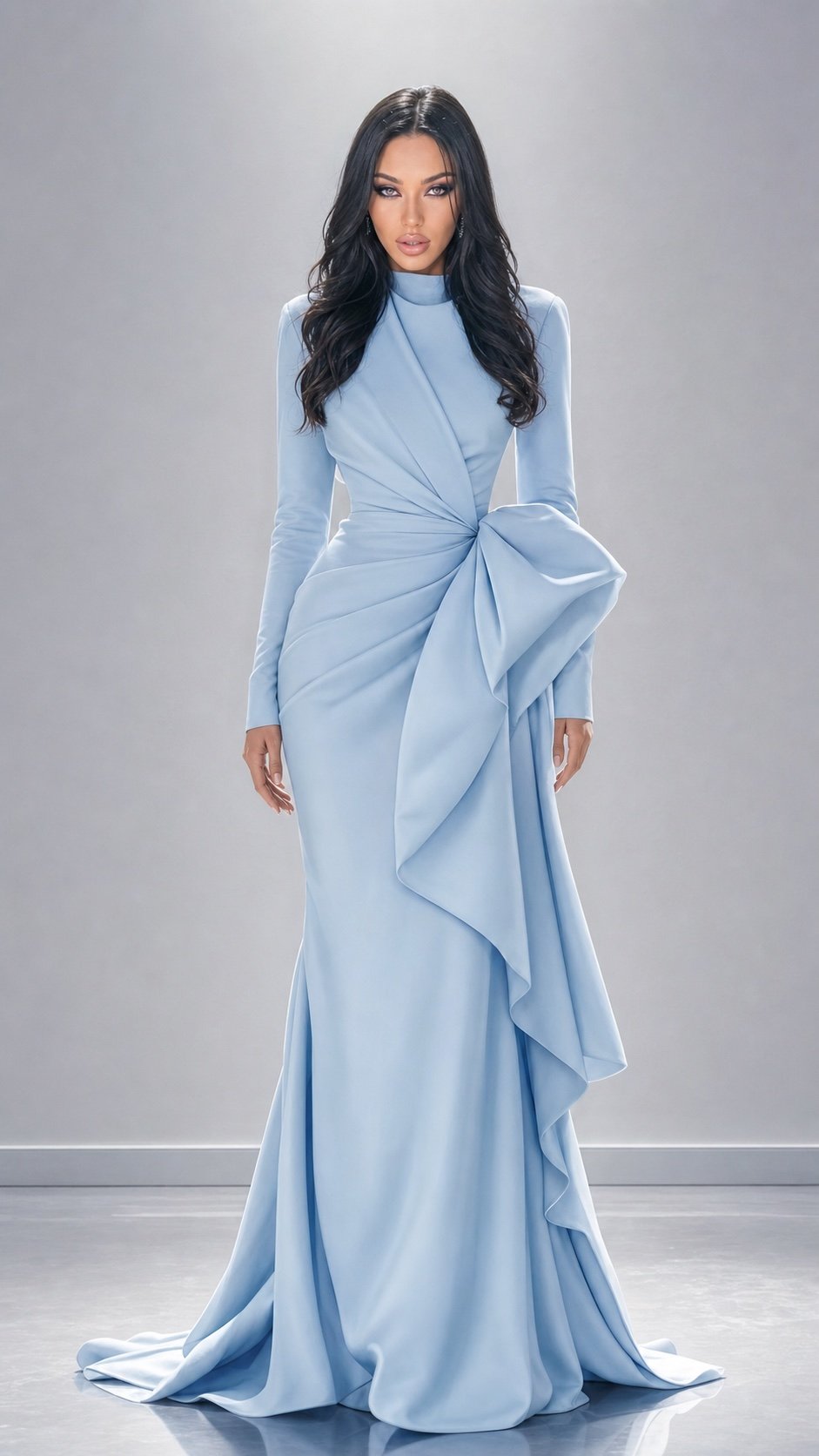 Lana Bajc in a pale blue couture gown on a minimal silver set.
