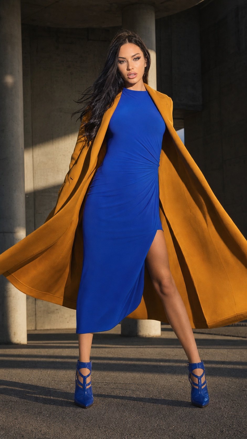 Lana Bajc in a cobalt dress and ochre coat beneath concrete architecture.