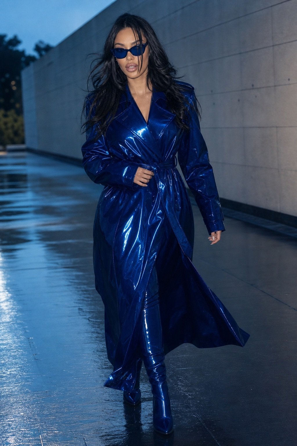 Lana Bajc in a cobalt raincoat in a cinematic color study.