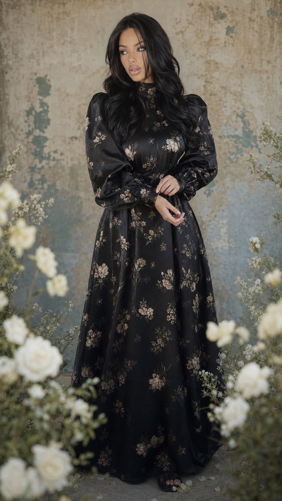 Lana Bajc in a black floral gown surrounded by ivory flowers.
