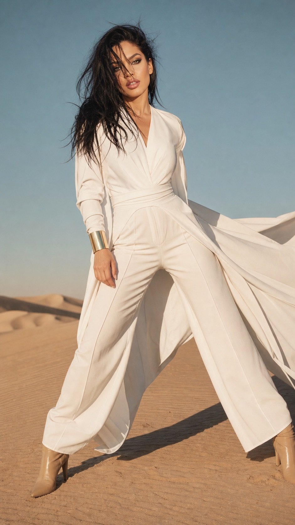 Lana Bajc in flowing white tailoring against blue sky and desert dunes.