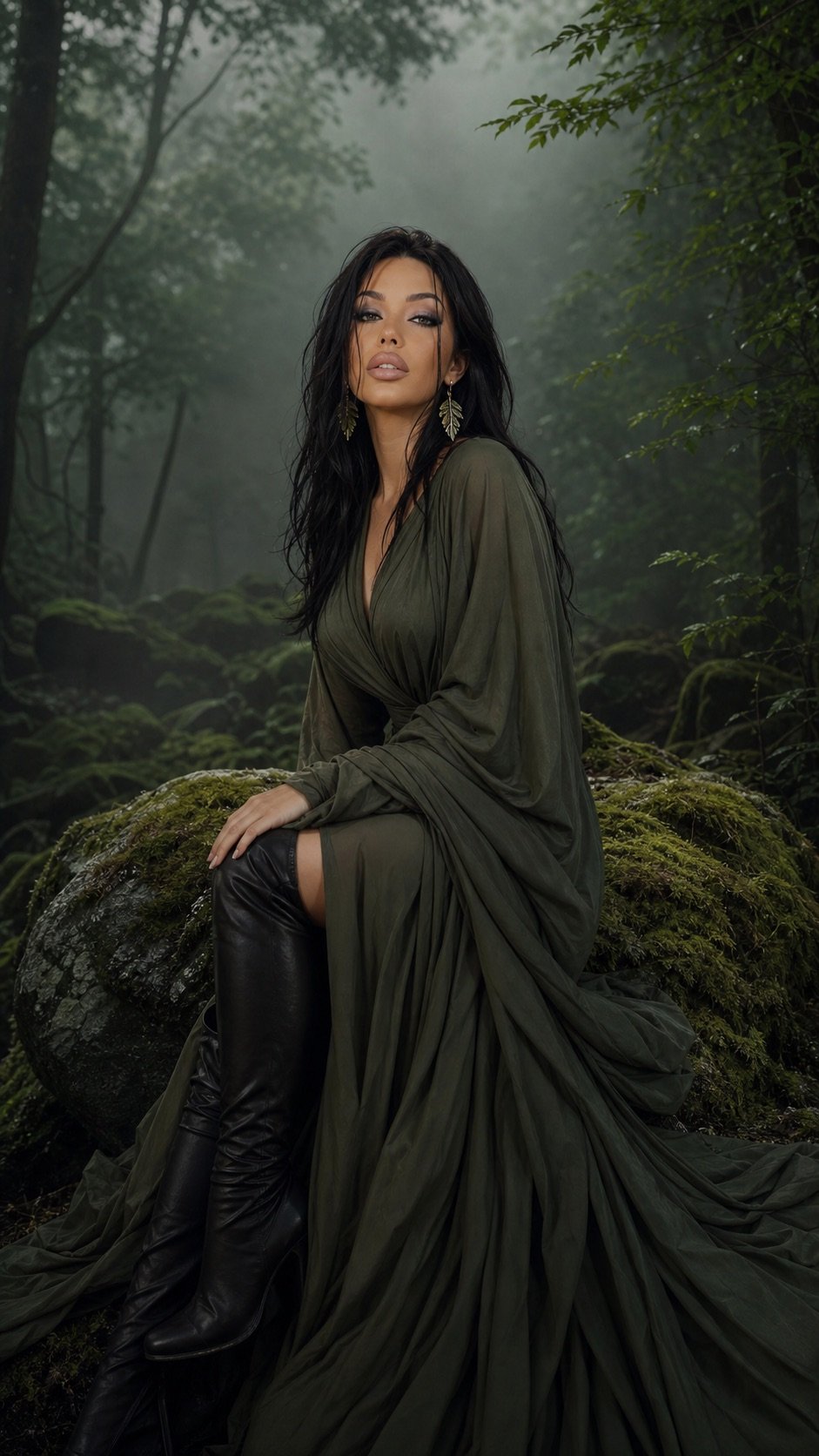 Lana Bajc in flowing forest-green couture within a misted woodland.