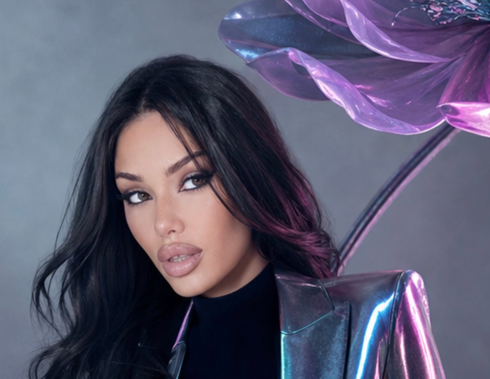 Lana Bajc in iridescent tailoring beside a sculptural purple flower.