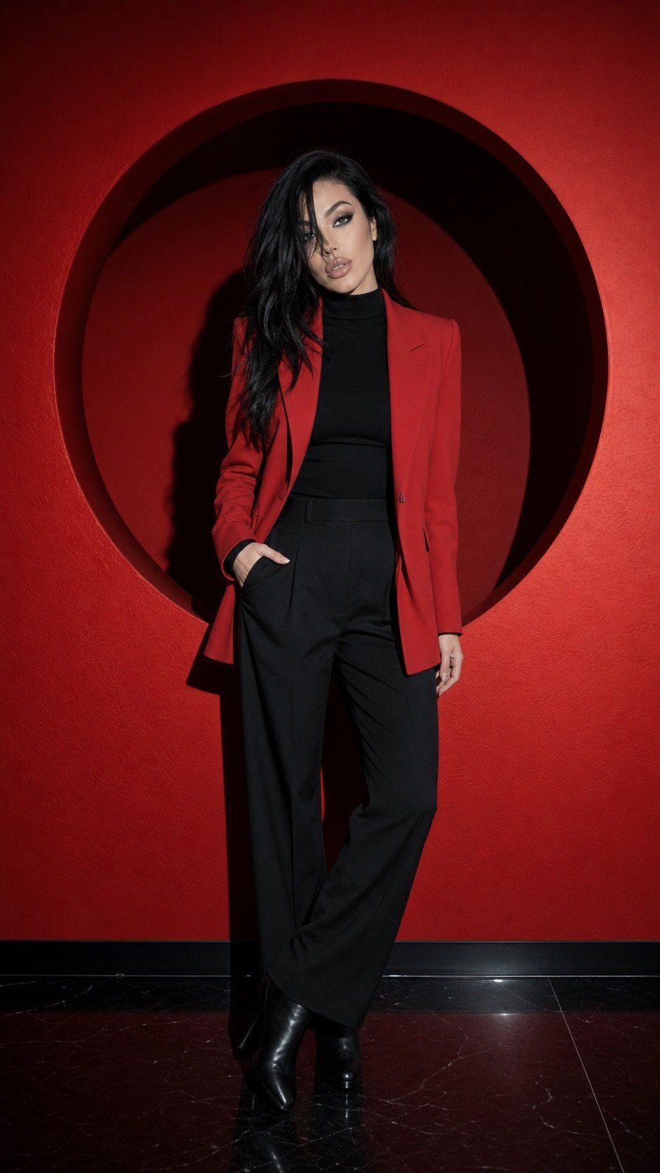 Lana Bajc in a graphic red-room fashion composition.