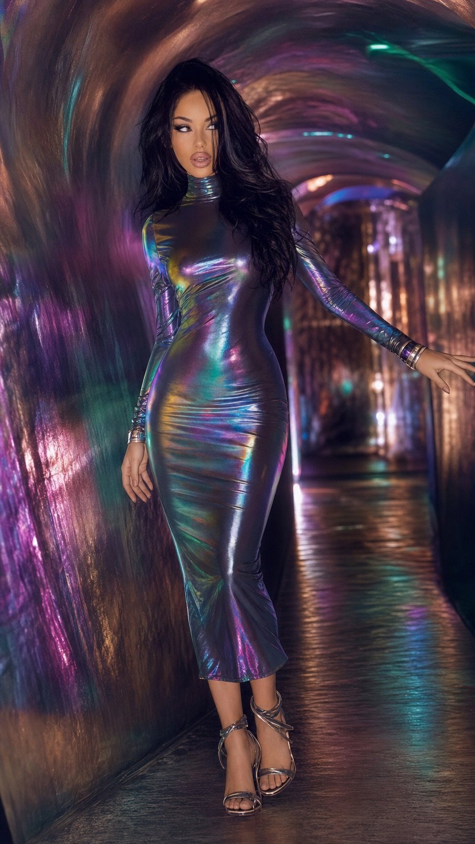 Lana Bajc in an iridescent tunnel of refracted light.