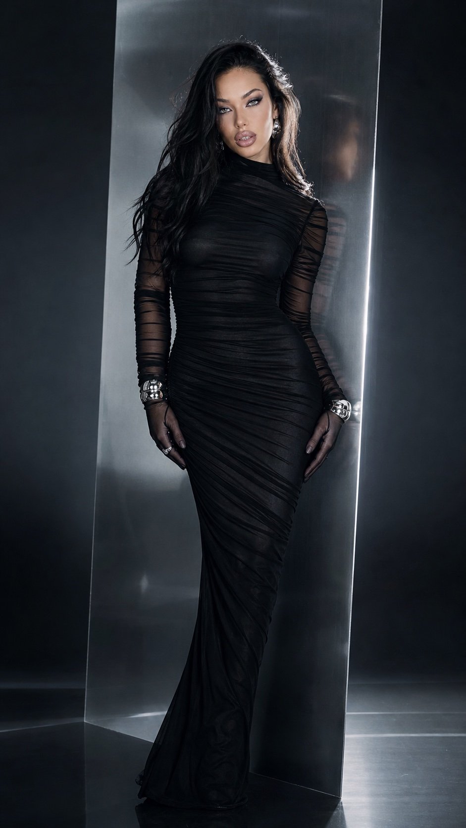 Lana Bajc in a sculpted black evening gown on a reflective metallic set.