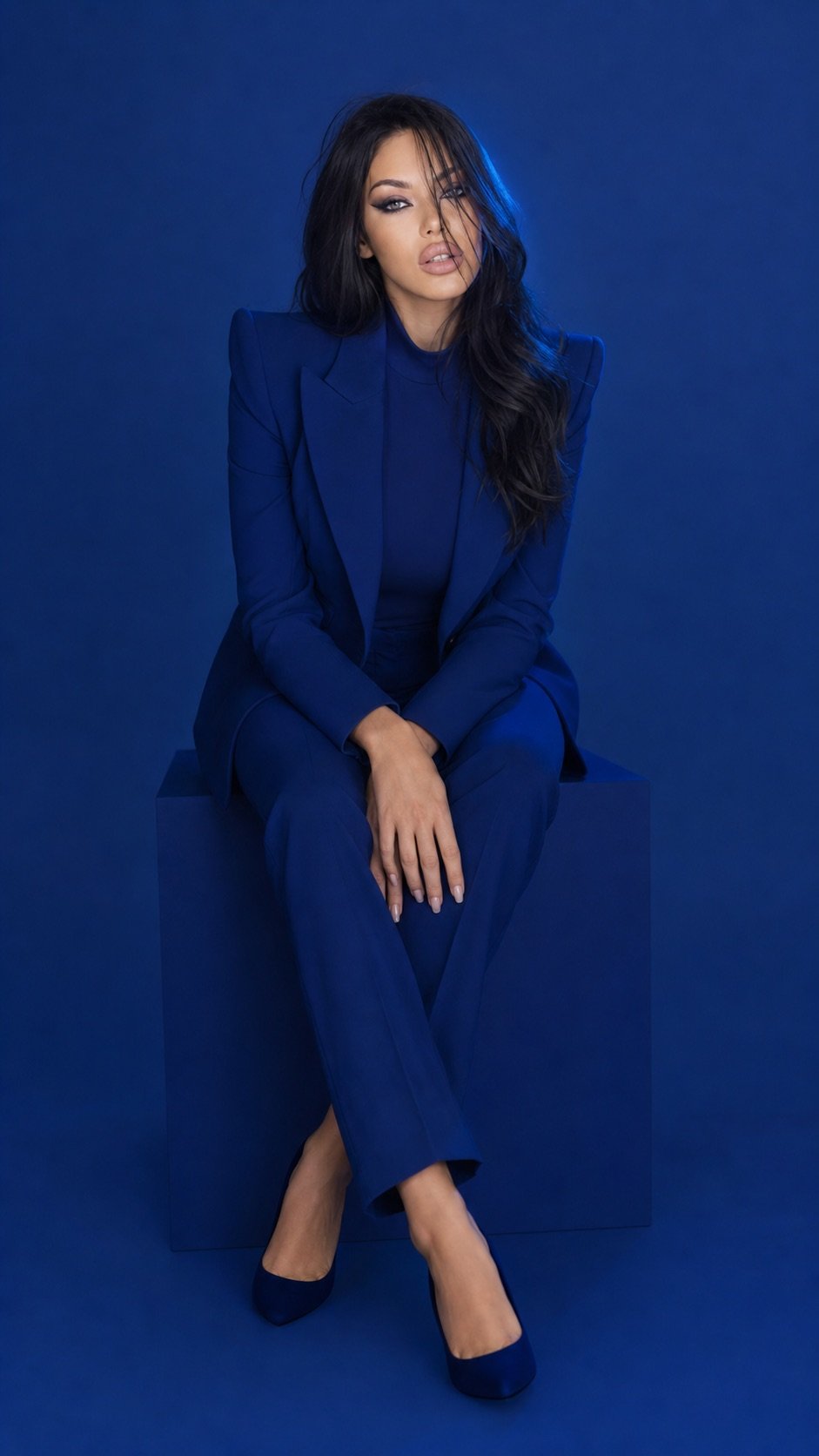 Lana Bajc in monochrome cobalt tailoring on a graphic set.