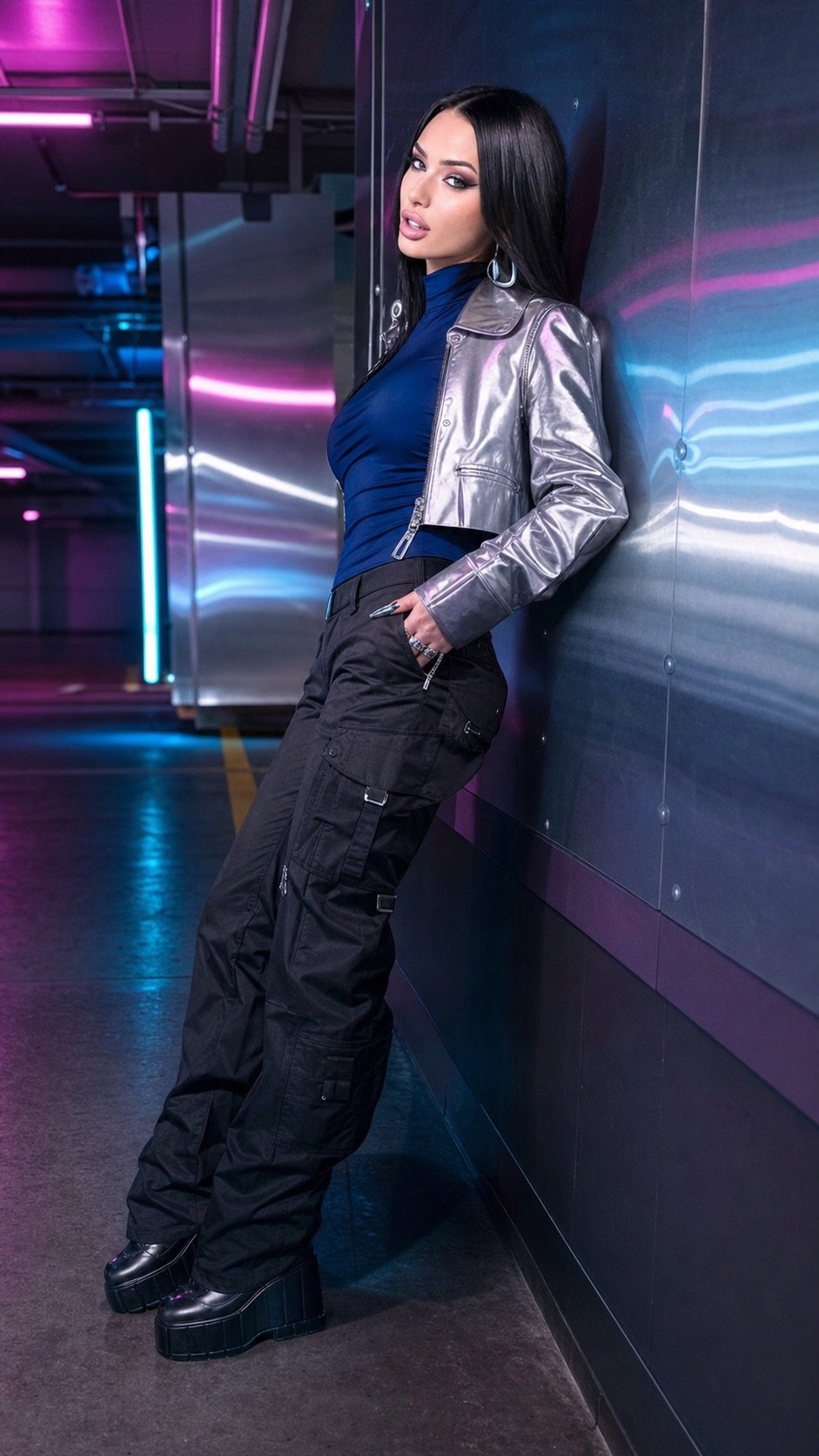Lana Bajc in silver tailoring and black cargo trousers in a neon-lit setting.