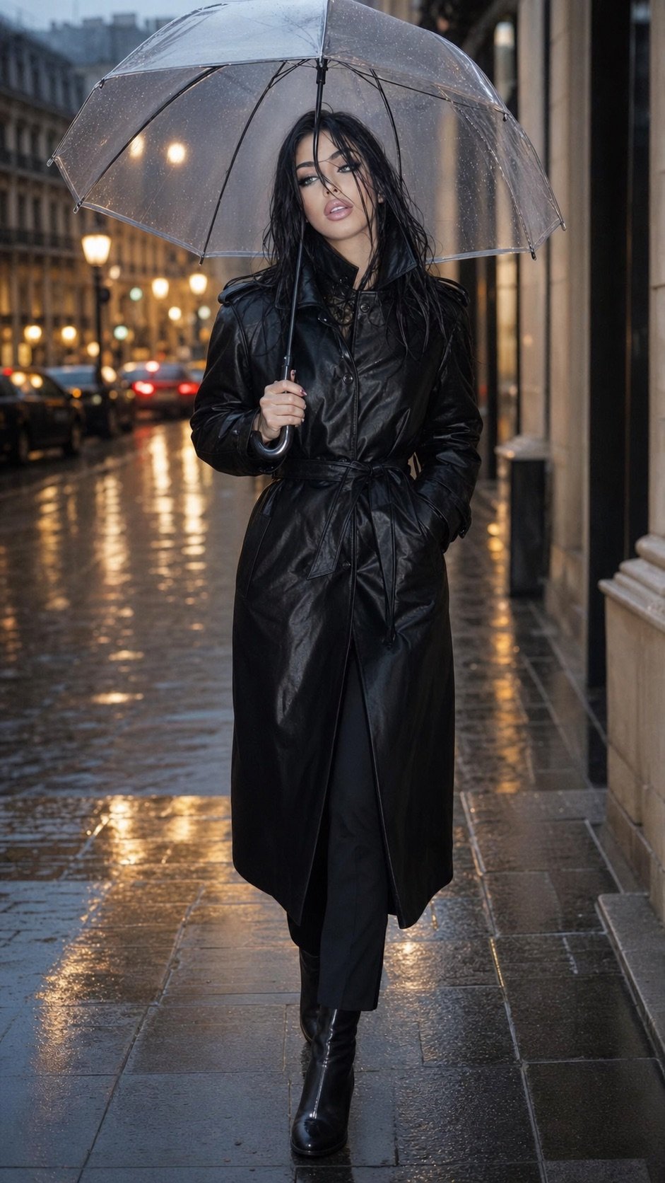 Lana Bajc in a black leather coat beneath a clear umbrella on a rain-lit street.