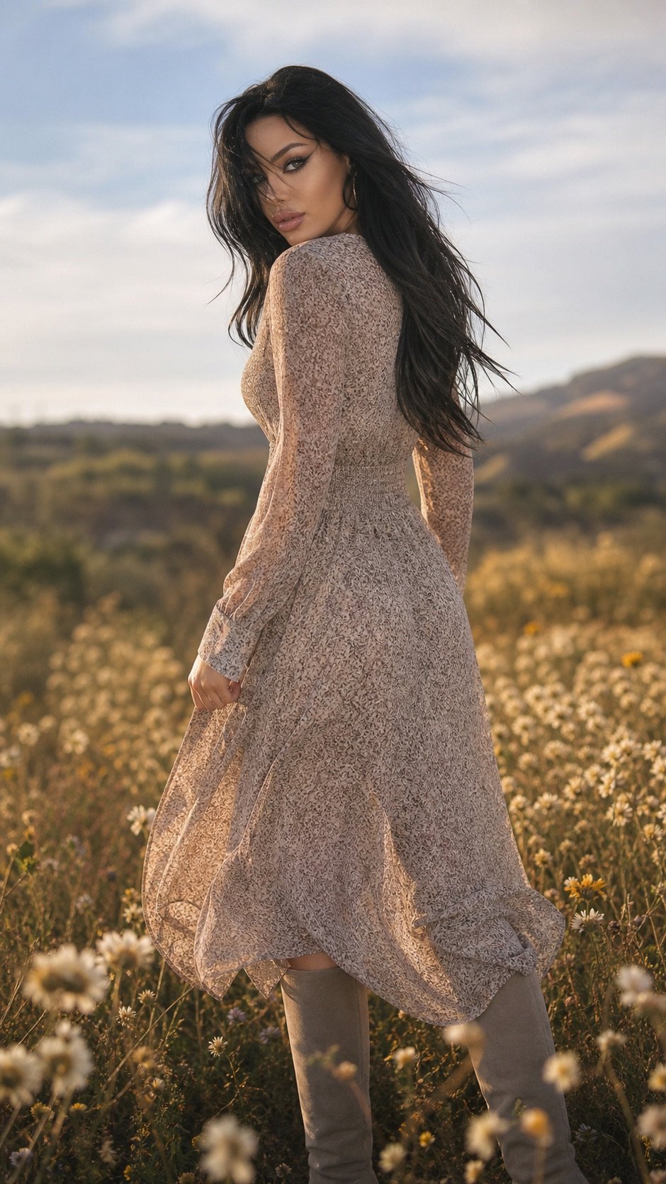 Lana Bajc in a flowing neutral dress among sunlit wildflowers.